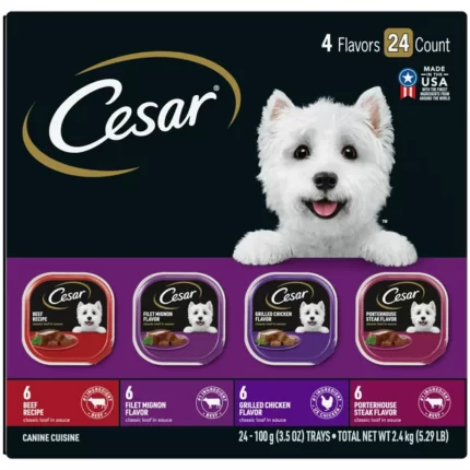 CESAR Classic Loaf in Sauce Beef Chicken Filet Mignon & Porterhouse Flavor Multipack 24 3.5 ounce Trays Flavor Beef Filet Mignon Chicken Porterhouse Steak
