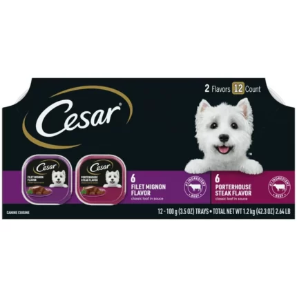CESAR Classic Loaf in Sauce Beef Flavors Wet Dog Food Variety Pack 12 Pack 3.5 ounce Trays (Flavor Porterhouse Steak and Filet Mignon)