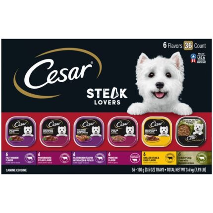 CESAR Steak Lovers Wet Dog Food Toppers Variety Pack 36 Pack 3.5 ounce Trays Flavor Steak Lovers Variety Pack