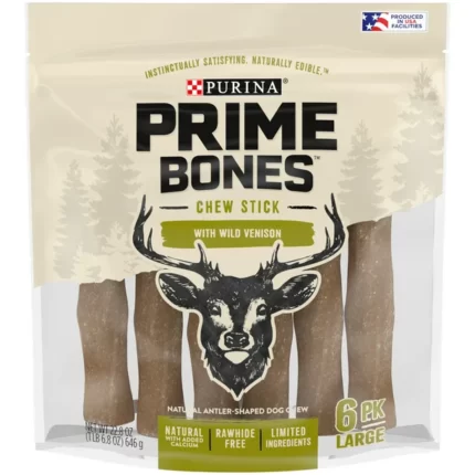 Purina Prime Bones Limited Ingredient Natural Large Dog Treats Chew Stick With Wild Venison 6 Count Pouch(Pack Of 2)