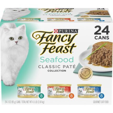 Fancy Feast Grain Free Pate Wet Cat Food Variety Pack, Seafood Classic Pate Collection, 3 Ounce Cans (24 Pack)