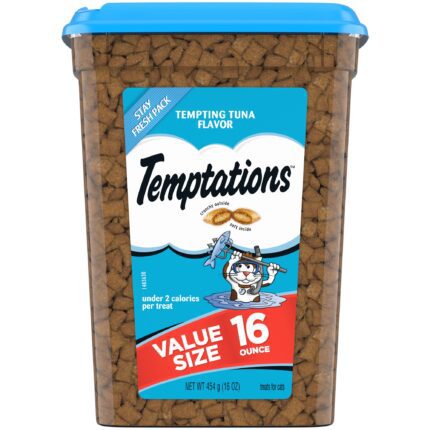 TEMPTATIONS Classic Crunchy and Soft Cat Treats Tempting Tuna Flavor 16 Ounce Tub (Pack of 2)