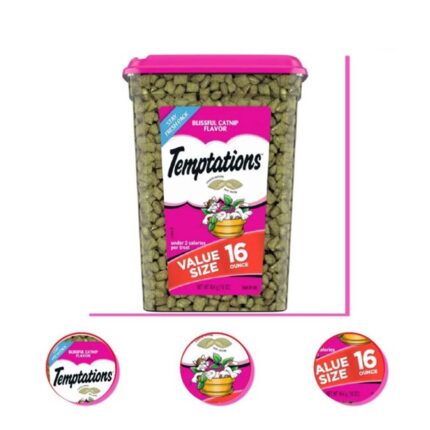 TEMPTATIONS Classic Crunchy and Soft Cat Treats Blissful Catnip Flavor 16 Ounce Tub (Pack of 2)