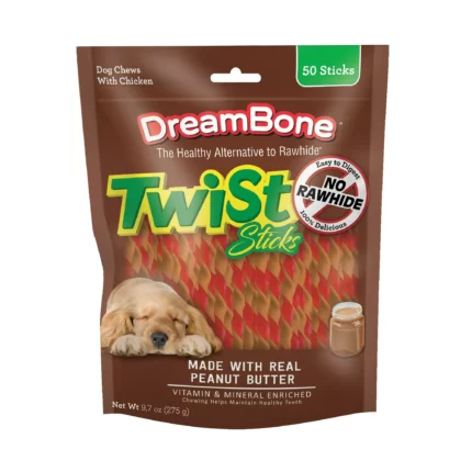 DreamBone Twist Sticks with Peanut Butter Rawhide Free Dog Chews 9.7 Ounce 50 Count (Pack Of 2)