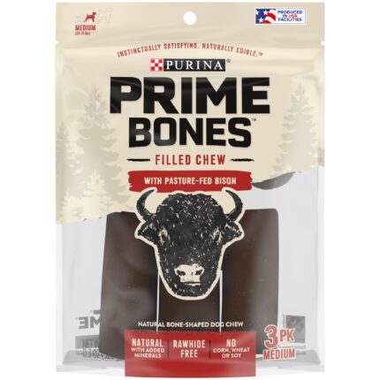 Purina Prime Bones Dog Bone Natural Medium Dog Treats Filled Chew With Pasture Fed Bison 3 Count Pouch