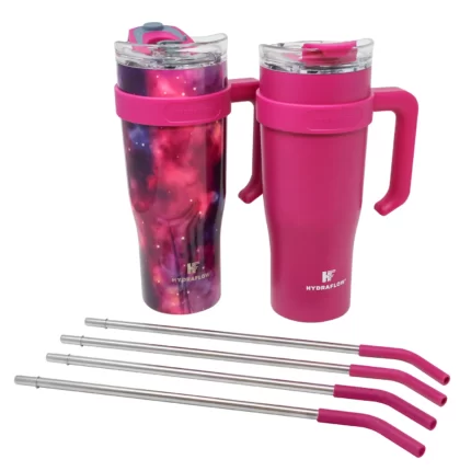 Hydraflow 40-Ounce Double Wall Stainless Steel Tumbler with Handle, 2 Pack (Magenta/Galaxy)