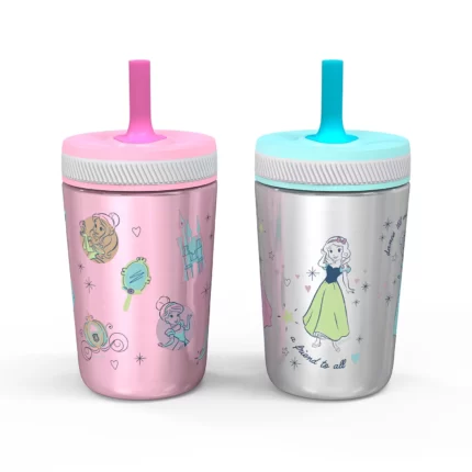 Zak Designs 12-oz. Stainless Steel Double-Wall Tumbler for Kids with Antimicrobial Straw, 2-Piece Set (Pink Princess)