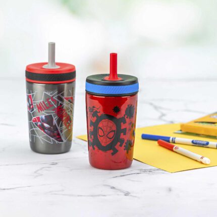 Zak Designs 12-oz. Stainless Steel Double-Wall Tumbler for Kids with Antimicrobial Straw, 2-Piece Set (Spiderman)