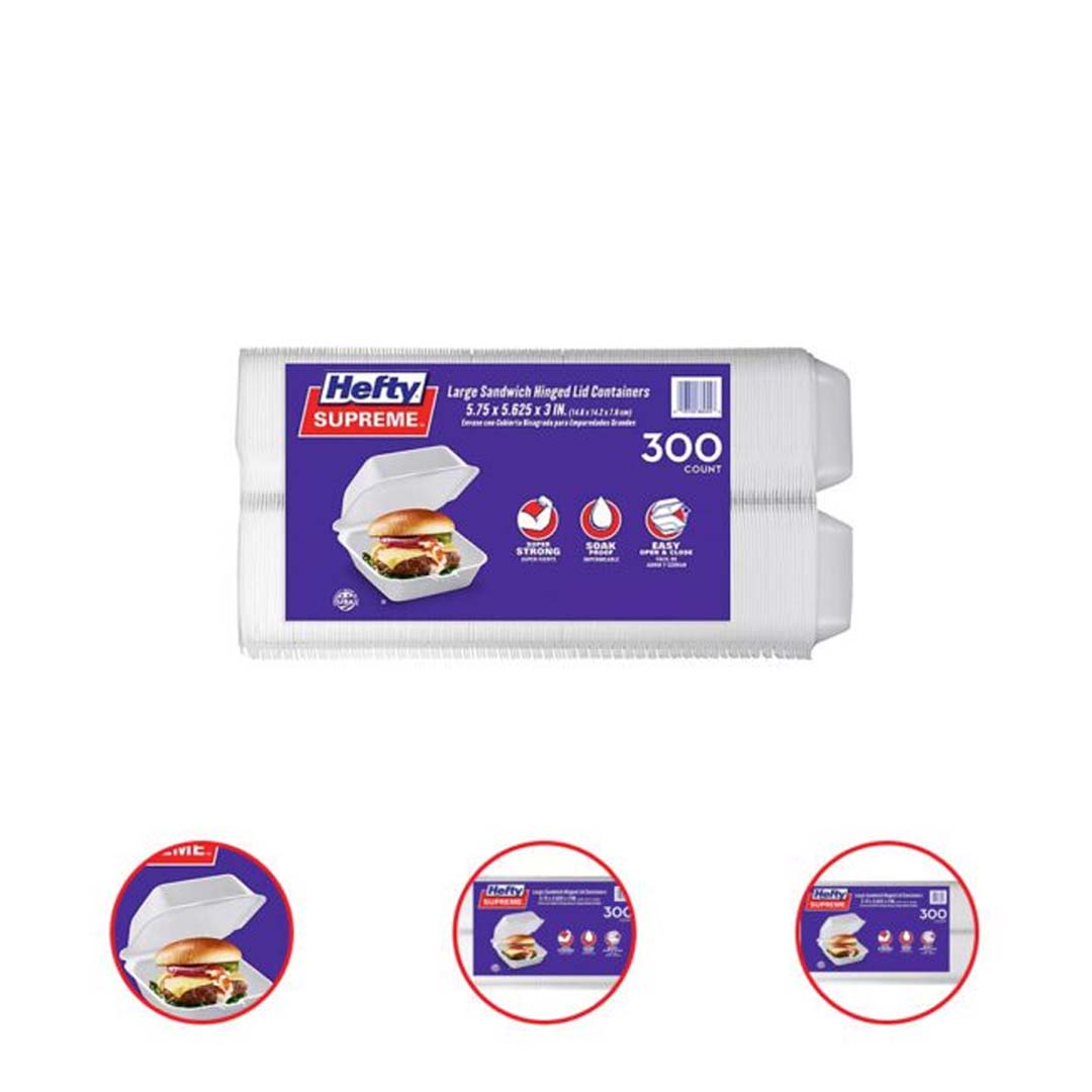 Hefty Supreme Large Sandwich Foam Hinged Lid Containers