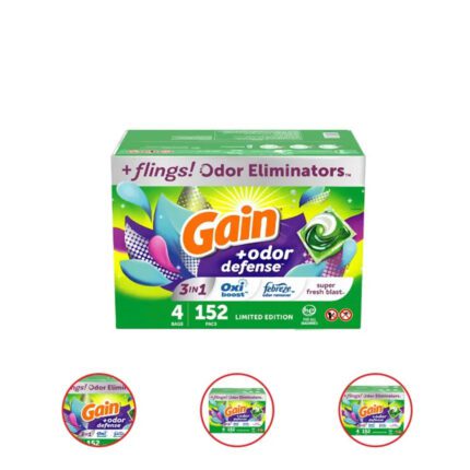 Gain Flings! Liquid Laundry Detergent Pacs + Odor Defense, Super Fresh Blast Scent (152 ct.)