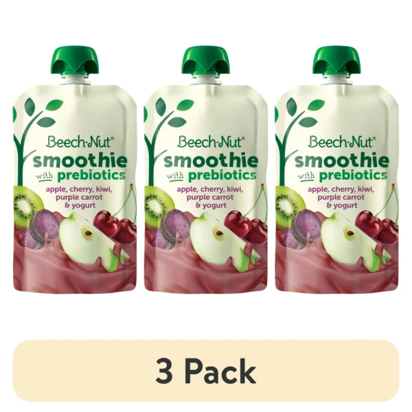 (3 pack) Beech-Nut Smoothie + Prebiotics for Toddlers, Apple Cherry Prpl Carrot Yogurt, 3.5oz Pouch