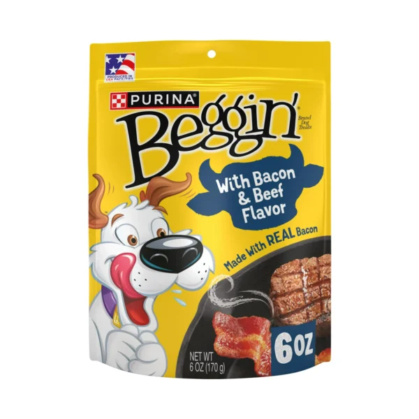 Purina Beggin' Strips Dog Treats with Real Bacon & Beef Flavors Tender Chews, 6 oz Pouch