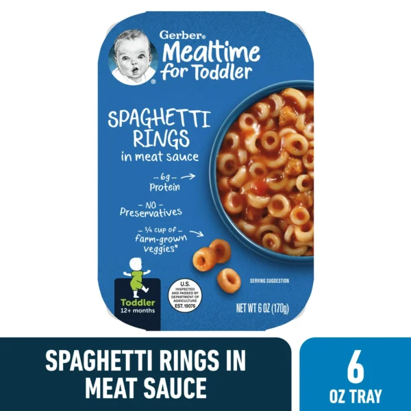 Gerber Toddler Food for Baby, Spaghetti Rings in Meat Sauce Toddler Food, 6 oz Tray