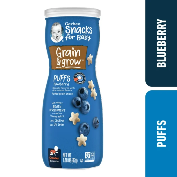 Gerber Snacks for Baby Grain & Grow Puffs, Blueberry, 1.48 oz Canister