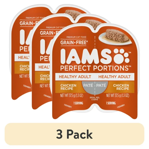 (3 pack) IAMS PERFECT PORTIONS Healthy Adult Grain Free Wet Cat Food Pat©, Chicken Recipe, 2.6 oz. Easy Peel Twin-Pack Tray