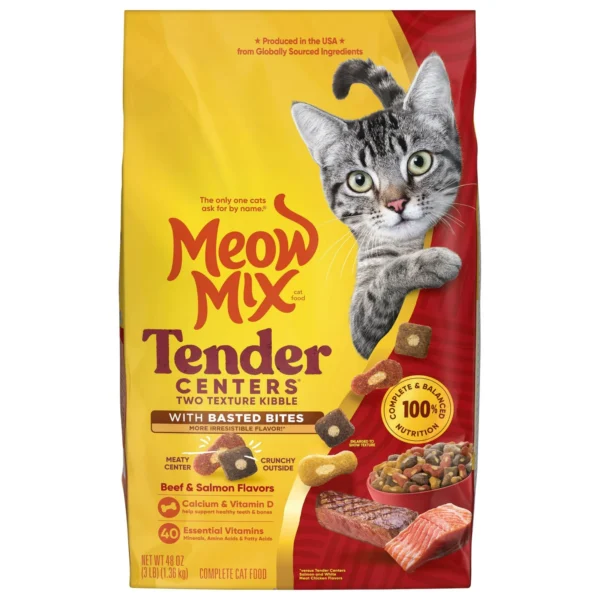 Meow Mix Tender Centers Dry Cat Food with Basted Bites, Beef & Salmon Flavors, 3 Pound Bag