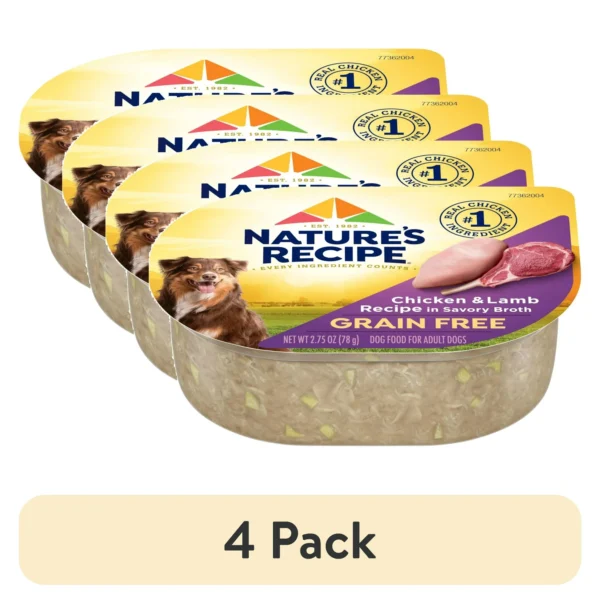 (4 pack) Nature’s Recipe Grain Free Chicken & Lamb Recipe in Savory Broth Wet Dog Food, 2.75 oz. Cup