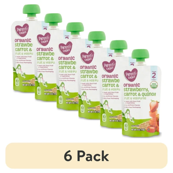 (6 pack) Parent's Choice Organic Strawberry, Carrot & Quinoa Fruit & Veg Puree, Stage 2, 6+ Months, 1 - 4 oz. Baby Food Pouch