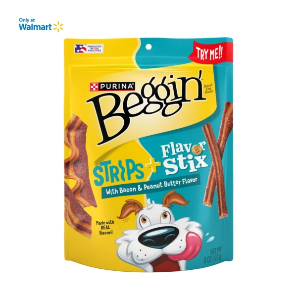 Purina Beggin' Sticks & Flavor Stix Dog Treats with Bacon & Peanut Butter Tender Chews, 6 oz Pouch