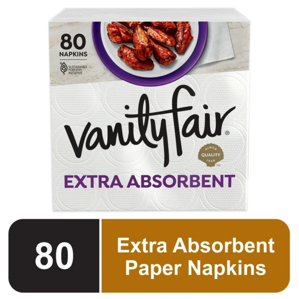 Vanity Fair Extra Absorbent Paper Napkins, 80 Count, White, Soft and Strong Disposable Napkins