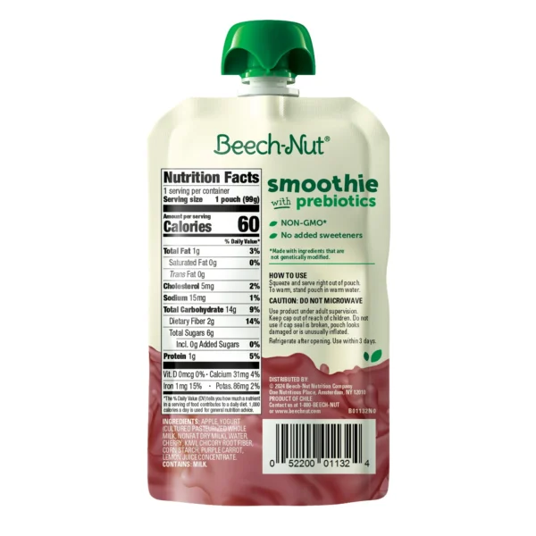 (3 pack) Beech-Nut Smoothie + Prebiotics for Toddlers, Apple Cherry Prpl Carrot Yogurt, 3.5oz Pouch - Image 8