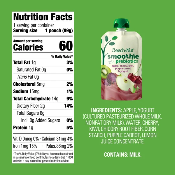 (3 pack) Beech-Nut Smoothie + Prebiotics for Toddlers, Apple Cherry Prpl Carrot Yogurt, 3.5oz Pouch - Image 2