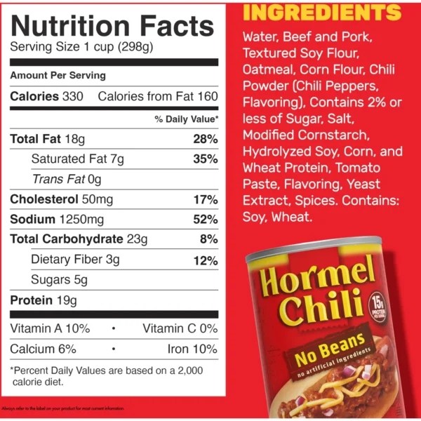 HORMEL Chili, Beef and Pork, No Beans, No Artificial Ingredients, Shelf-Stable, 10.5 oz Steel Can - Image 7