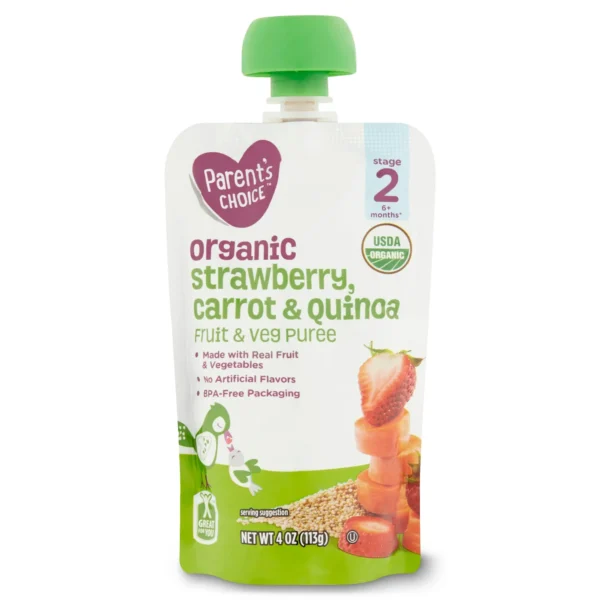 (6 pack) Parent's Choice Organic Strawberry, Carrot & Quinoa Fruit & Veg Puree, Stage 2, 6+ Months, 1 - 4 oz. Baby Food Pouch - Image 7