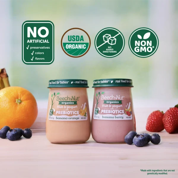 Beech-Nut Organics Fruit & Yogurt Baby Food + Prebiotics, Banana Berry, Stage 2, 4oz Jar - Image 7